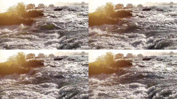 维多利亚瀑布上方赞比西河急流的慢动作镜头