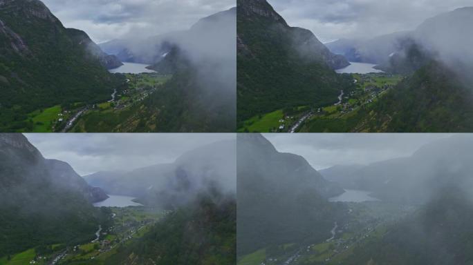 挪威河谷鸟瞰图挪威峡谷河流