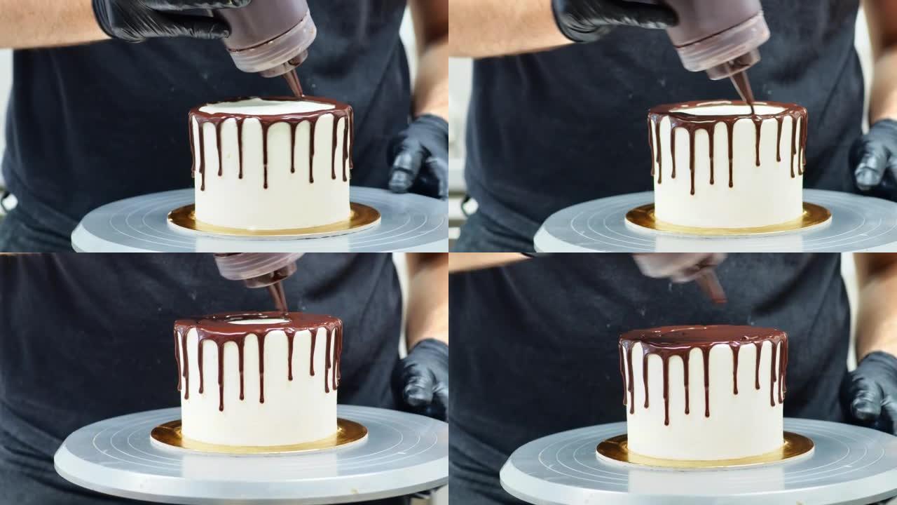 厨师设计师挤压巧克力甘纳切馅料为糖霜蛋糕浇头