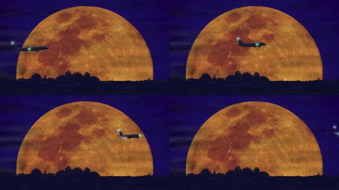 夜间 (4K) 在月光前的飞机。