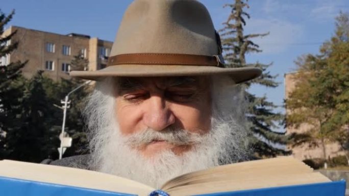 一位老人的肖像，他留着美丽的白胡子，头上戴着帽子，在阳光明媚的日子里在户外的公园里看书。老人手握蓝皮
