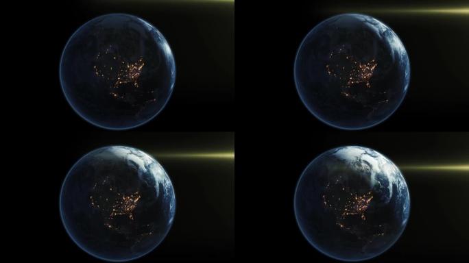太阳在地球上升起的空间视图，从夜晚到白天，云层和城市灯光。超现实3D动画。