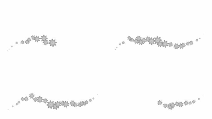 动画银色美丽的花朵从左到右飞行。循环视频。白色背景上的一朵飞花。