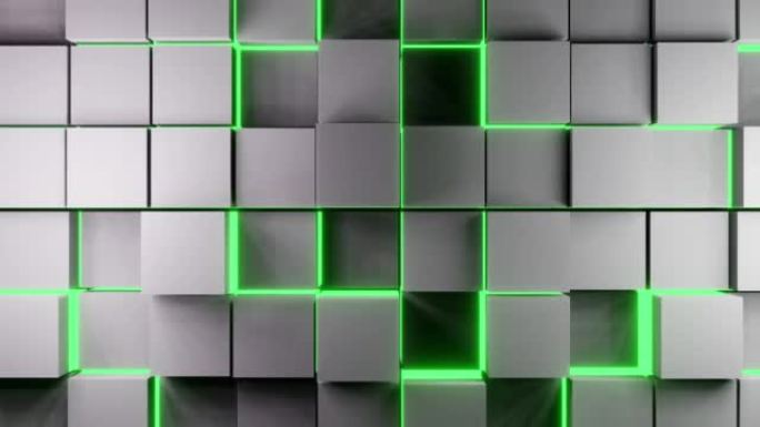灰色板块立方背景与绿色霓虹灯条纹