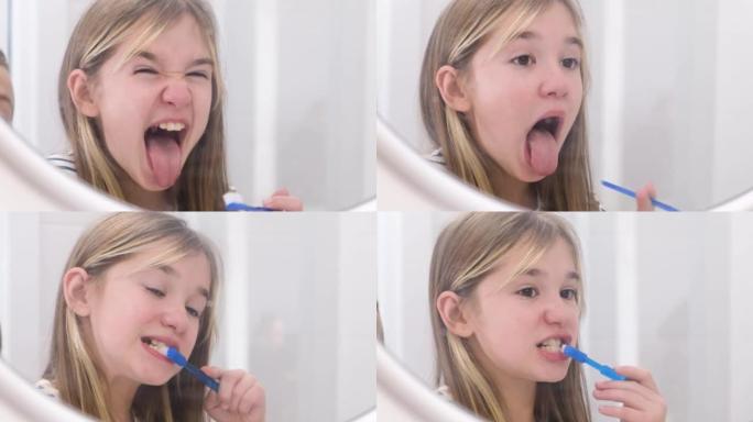 一个女孩在镜子前刷牙并用嘴显示卡通的肖像