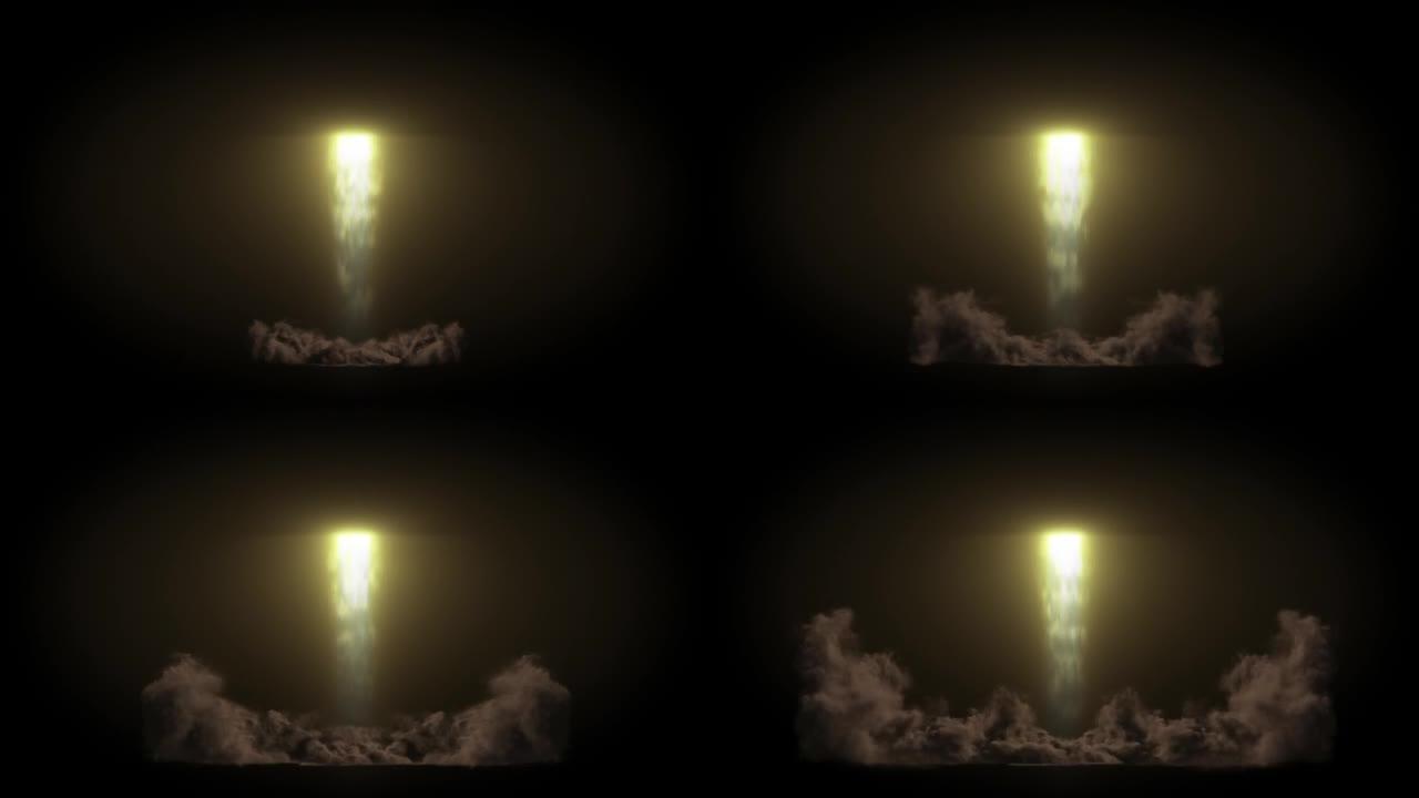 燃烧的火焰和烟雾痕迹从火箭发射或喷气发动机动画透明alpha频道背景。