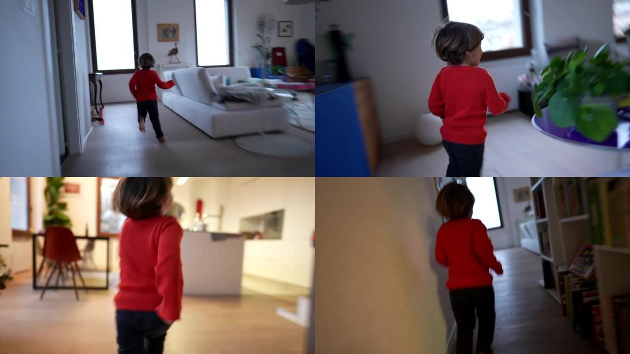 小男孩在客厅家里跑步。活跃的儿童跑步者玩得开心逃离相机