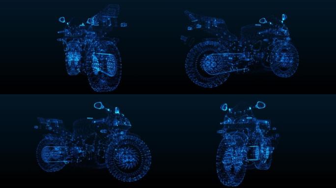 旋转摩托车。发光的光粒子排列在模型摩托车的360程度。无缝循环运动动画背景。蓝色青色
