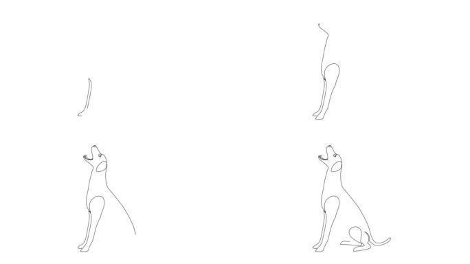 张开嘴坐着的狗的连续线条画。自画动画。