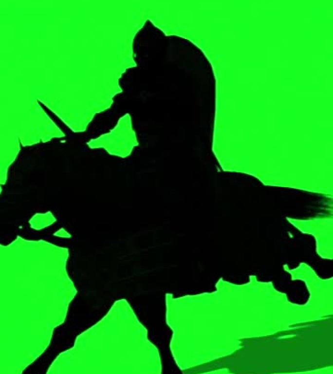 垂直视频-中世纪骑士骑马，用剑和盾牌打架-绿色屏幕上的动画