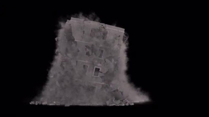 倒塌的建筑充满了灰尘和烟雾。建筑物的废墟。一座被毁建筑的废墟。在4k阿尔法通道中的VFX动画。