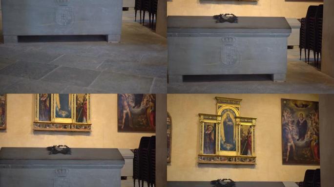 石头地板上挂着圣母玛利亚的画