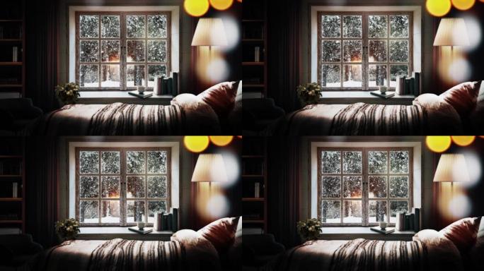 从温暖舒适的卧室望向窗外的白雪皑皑的冬季森林景观