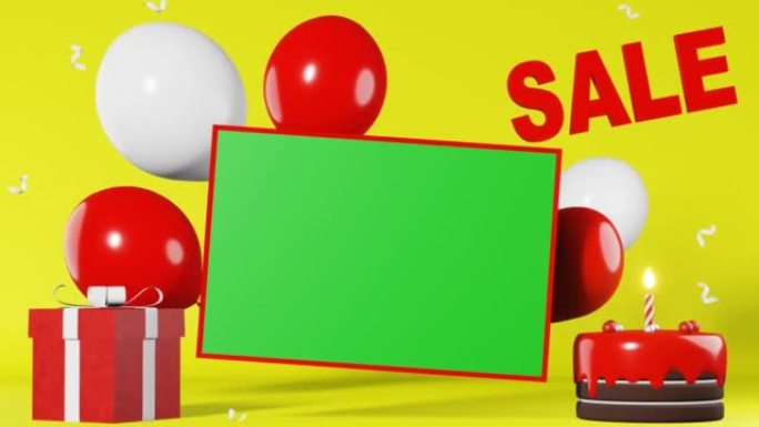 销售文本折扣横幅色度键模型。热卖最优惠价格3d动画黄色背景。红色礼品盒白色气球蛋糕。网上购物促销。店