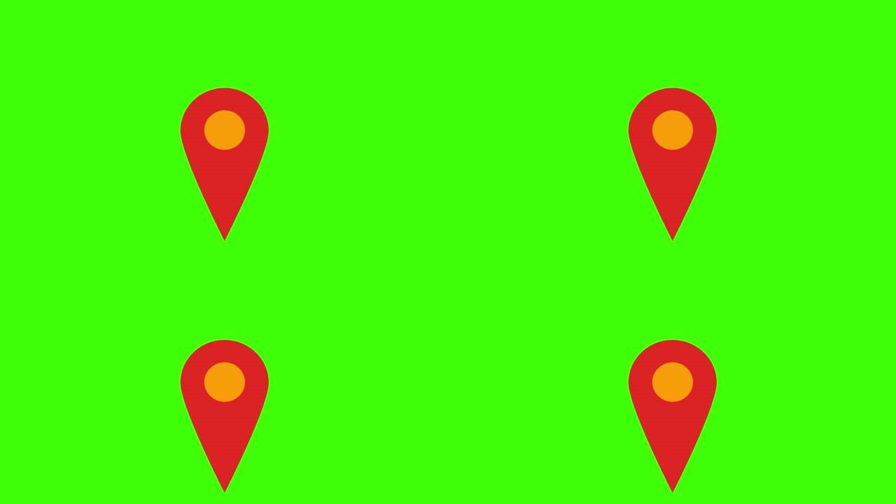 在4K绿色屏幕上隔离的位置标志图标的彩色简单动画