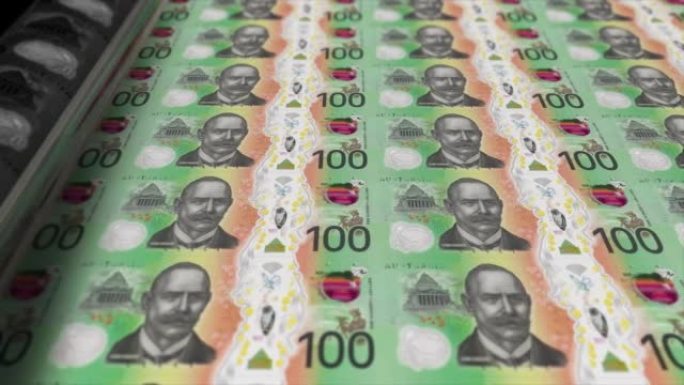 澳大利亚，澳元印刷机打印出当前100美元纸币，无缝循环，澳大利亚货币背景，4K，聚焦深度Smoot和