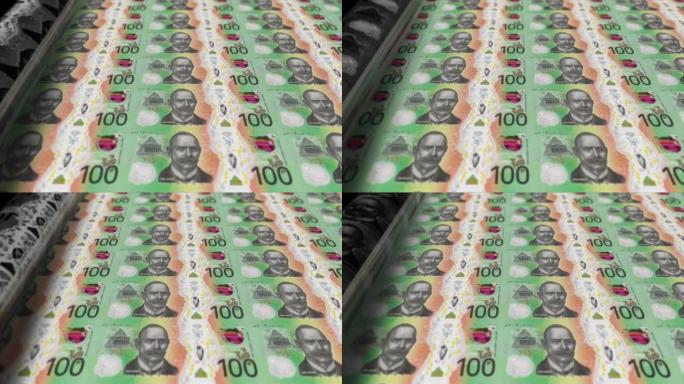 澳大利亚，澳元印刷机打印出当前100美元纸币，无缝循环，澳大利亚货币背景，4K，聚焦深度Smoot和