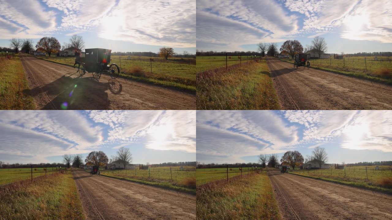 阿米什 (Amish) 越野车在乡村土路上迅速移动