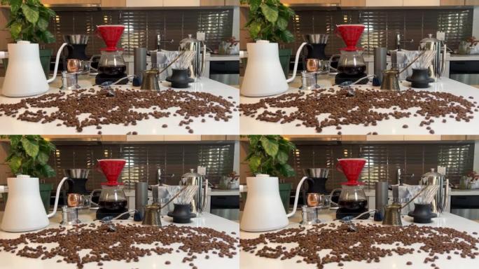 意大利莫卡壶煮咖啡的过程磨碎的咖啡放入莫卡壶关闭咖啡师正在用传统的滴注冲泡设备关闭过滤咖啡机