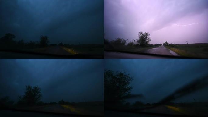 强雷暴的慢动作，闪电穿过车窗。