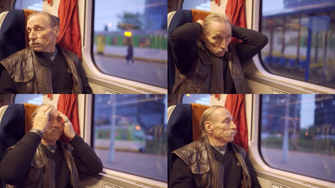一对老年夫妇正坐在火车车厢里，看着窗外，在早上互相交谈
