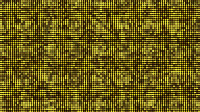 黑色背景镜头循环上的黄色浮动圆圈。慢速技术马赛克混沌移动无缝动画。高科技几何背景。
