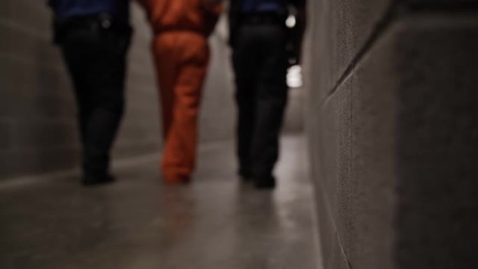 狱警带领囚犯，罪犯，囚犯沿着走廊-犯罪，法律，警察，官员
