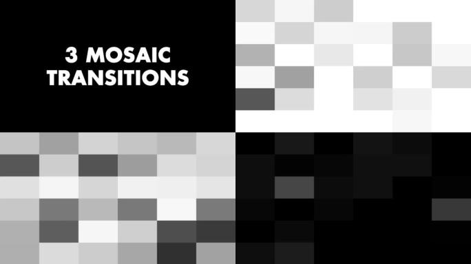 3具有白色和黑色像素图形的抽象动画背景CGI运动图形过渡。过渡复古马赛克面具模板。4k像素化过渡。