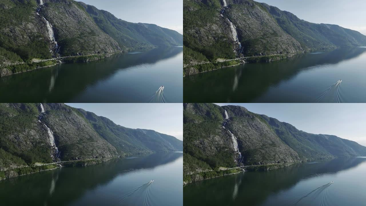 挪威湖上船的风景鸟瞰图