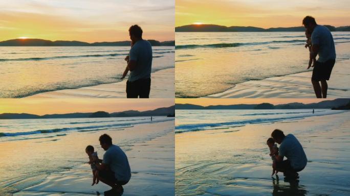 幸福的家庭亚洲爸爸爸爸手抱小女儿婴儿孩子教走路有助于踩浪夏天在海洋海滩上一起玩水，孩子蹒跚学步