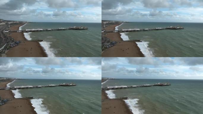 美丽的布莱顿海滩4k视频。英国布莱顿的神奇日落和暴风雨天气。