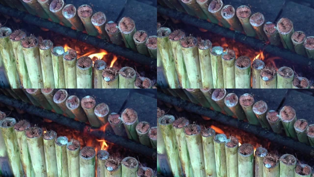 竹子煮熟的糯米