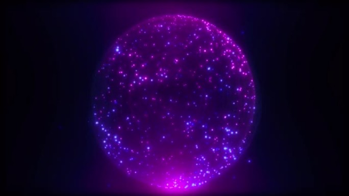 球形圆球由小发光的飞行粒子制成，点状沙粒紫色闪亮，喜庆。摘要背景。屏幕保护程序，高质量4k视频