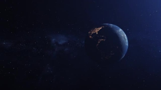 在银河系和星云背景下在太空中旋转的行星地球的4k逼真镜头