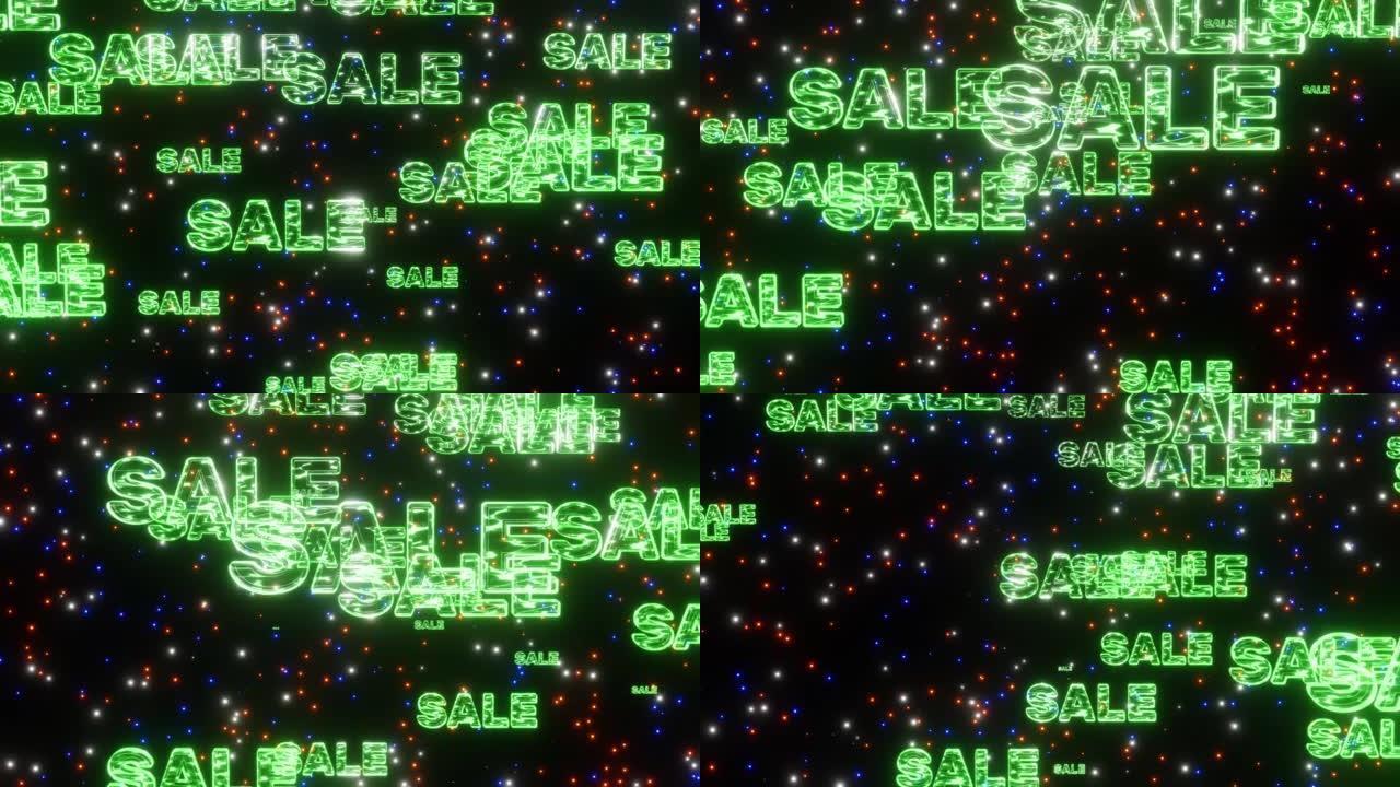 绿色霓虹灯字出售空间赛博朋克背景循环3d渲染。折扣下降满足视频无缝。大甩卖，打折，黑色星期五，购物中