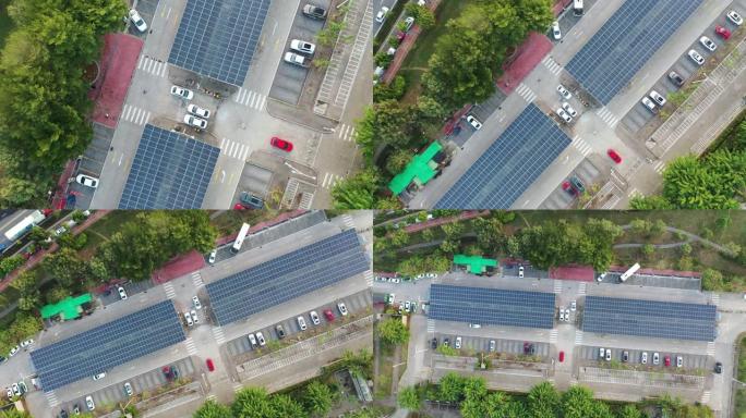 带太阳能电池板的停车场鸟瞰图
