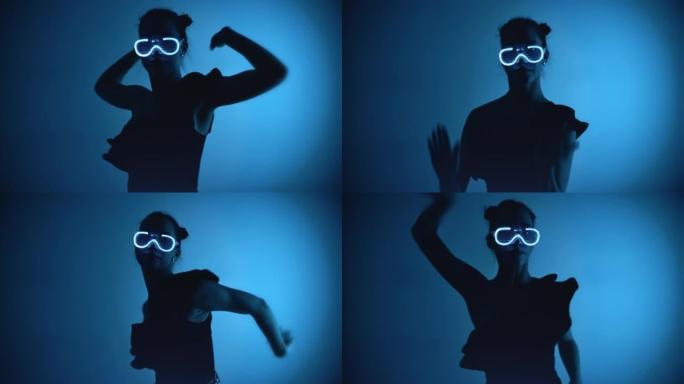 时尚迪斯科女子在闪光霓虹灯照明眼镜中跳舞表演舞蹈运动