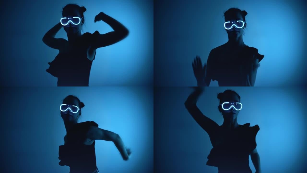 时尚迪斯科女子在闪光霓虹灯照明眼镜中跳舞表演舞蹈运动