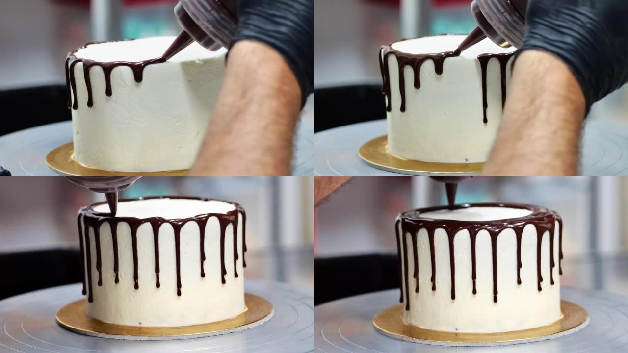 厨师设计师挤压巧克力甘纳切馅料为糖霜蛋糕浇头