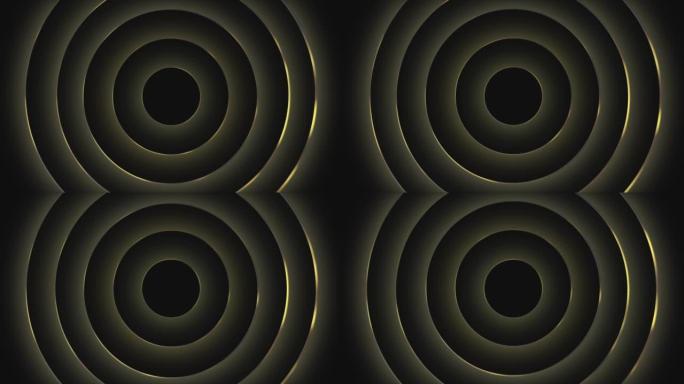 4k豪华金圈戒指运动背景。黑色股票视频上的抽象明亮彩色发光黄线
