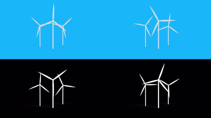 3d动画风力发电机储能设施。绿色能源。