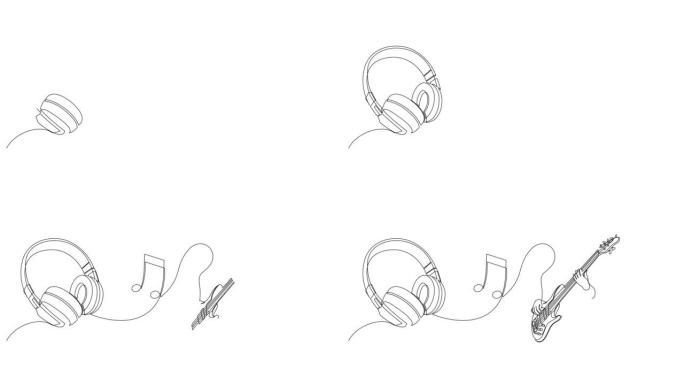 耳机、吉他手和音符的连续绘制。听音乐的概念。全长度自画动画。