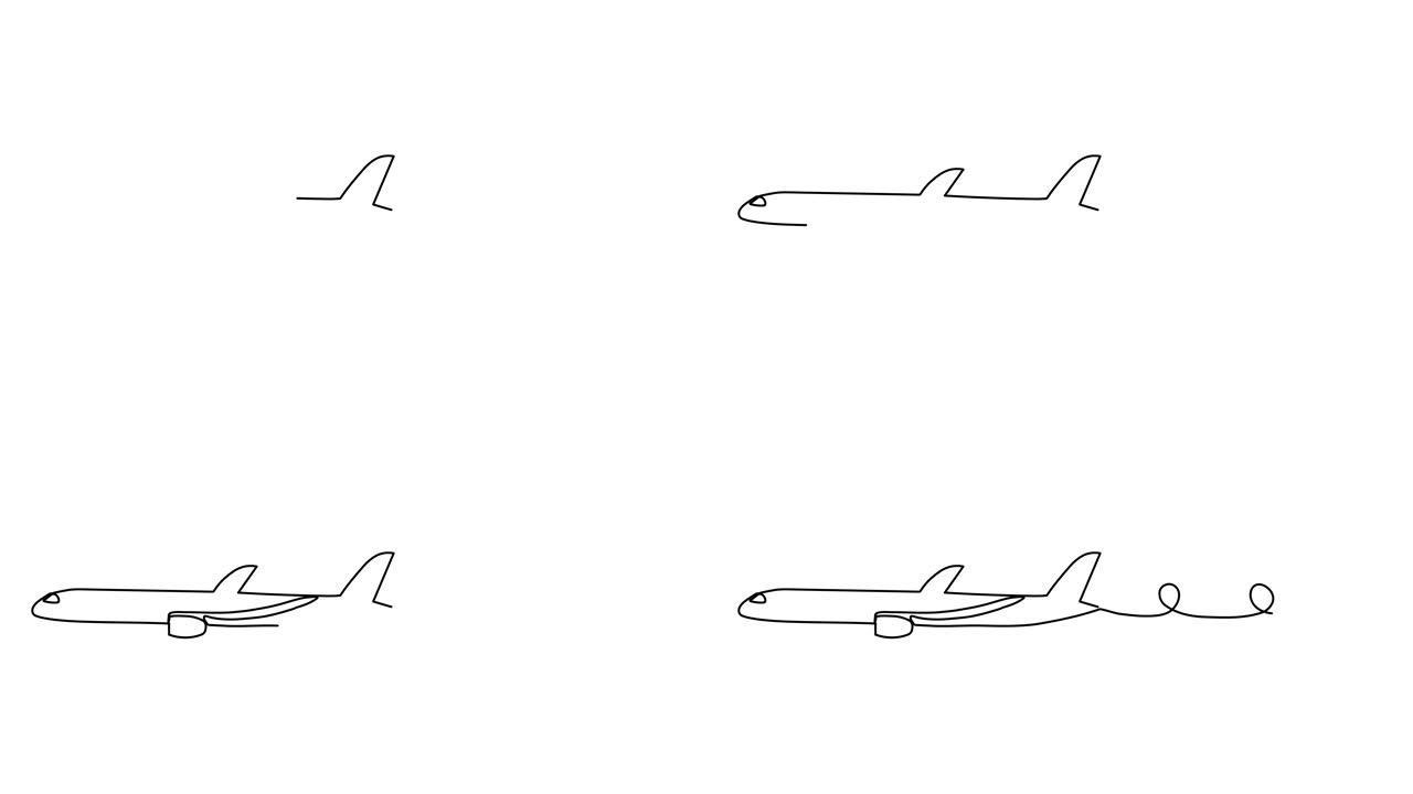 单线艺术，极简主义风格的飞机横向飞行的动画