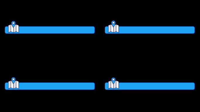 动画蓝色文本框和选中图标的旅行模板隔离在黑屏上。