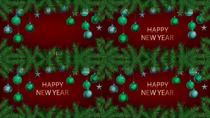 动画彩色球，红色屏幕上有文字新年快乐，用于设计圣诞节或新年模板。