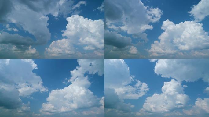 雷暴前天空中的积云形成。夏季蓝天上形成的白色浮肿积云。延时。