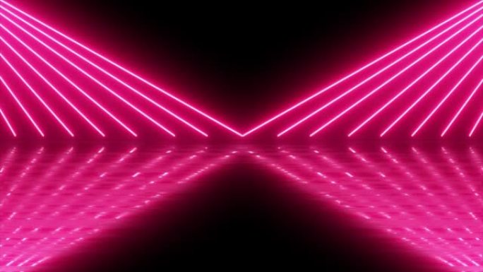 现代七彩灯光，霓虹灯发光4k动画场景。抽象混沌粉色霓虹灯线荧光紫外光。三角形形状来自侧面，消失了