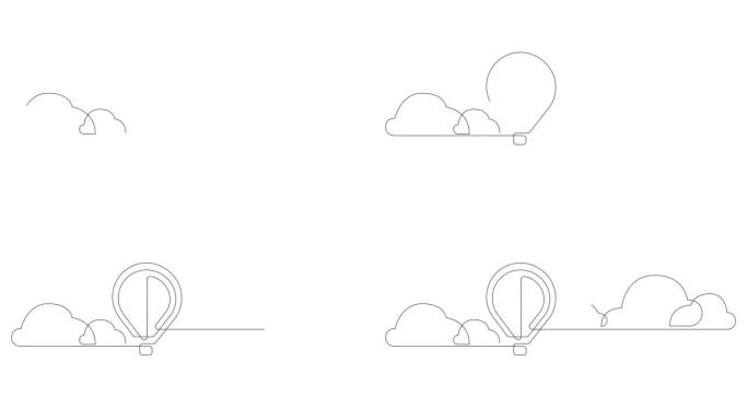 漂浮在云间天空中的热气球自画动画。动画连续线条艺术。