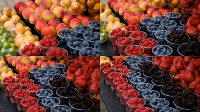 水果在市场上的支柱上。选择性聚焦。食品。