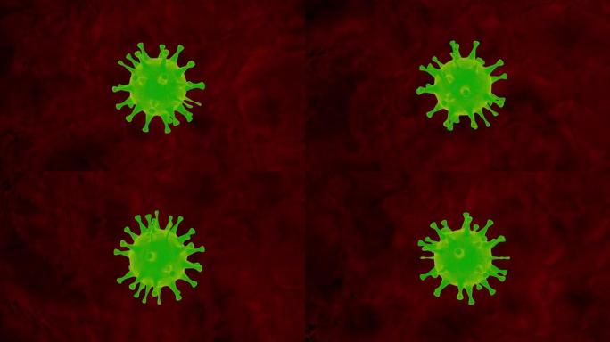 深红色背景上孤立的绿色病毒粒子的3D动画